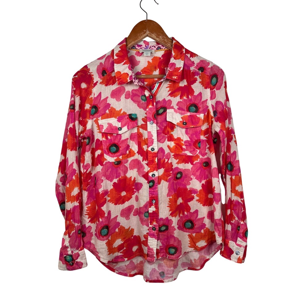 Sundance Floral Button Down Shirt Womens PS Petite‎ Small Pink Orange Bohemian